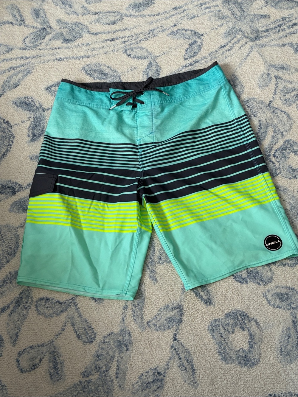 Teal O'Neill Hyperfreak Teal Boardshorts with Black & Neon Yellow Stripes